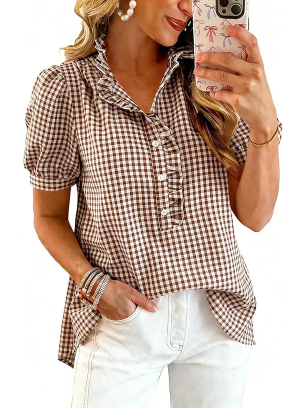 Women's Puff Sleeve Summer Top - Striped Plaid Ruffle Button Down Blouse